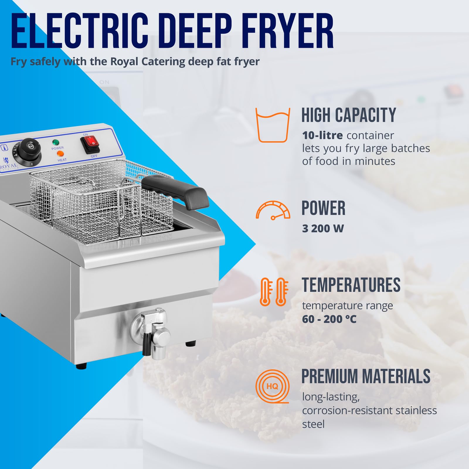 Royal Catering Friggitrice Elettrica Friggitrice Professionale RCEF-10EH (10 L totale, 6,5 L di olio, 3.200 W, Acciaio Inox)