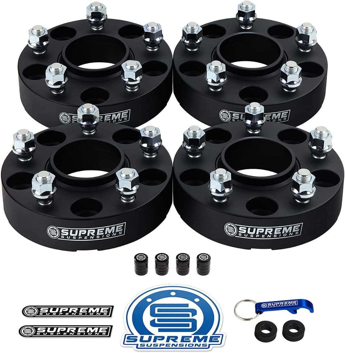 Supreme Suspensions - 4pc Set [Black] 1.25" Hub Centric Wheel Spacers for Jeep Wrangler JK, Commander, Grand Cherokee WJ WK [BP: 5x5 / CB: 71.5mm / Studs: 1/2" x20] - 4 Tire Valve Caps Included