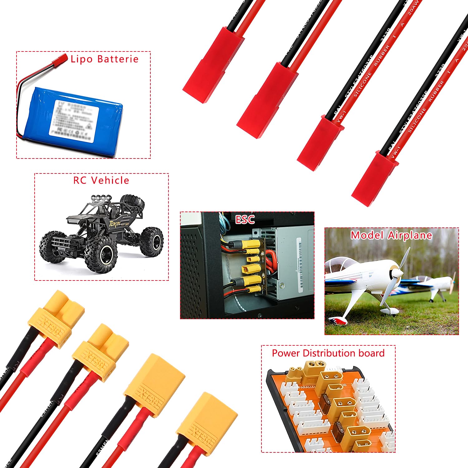 YIXISI 4 Piezas XT30 a JST Cable de Adaptador, JST Conector a XT30 Conector con Cable de Silicona 15cm 20AWG, para Vehículos RC y Baterías Lipo