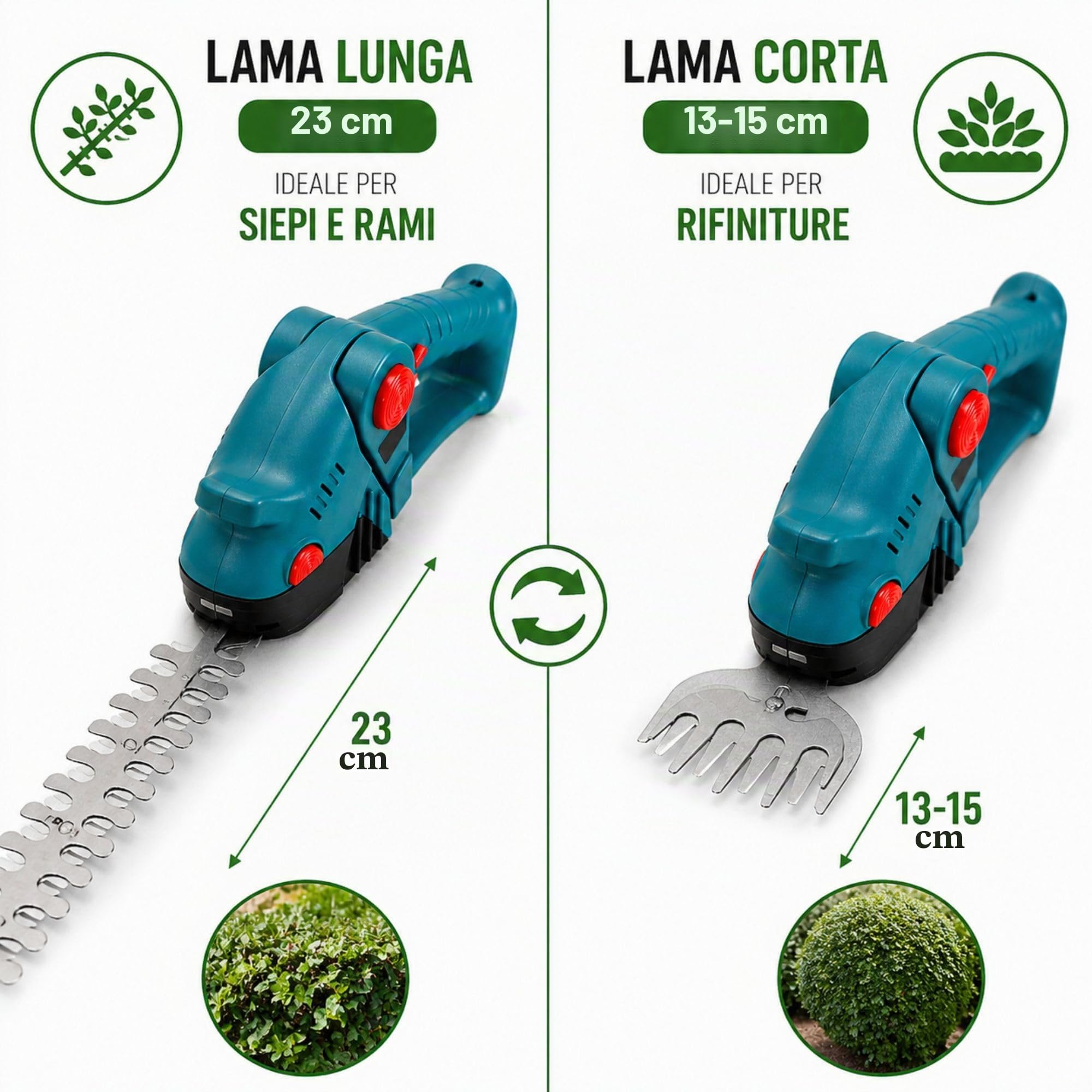Tagliasiepi a Batteria 48V Senza Fili, 2 Batterie Incluse | 2 Lame Intercambiabili 23cm + 15cm, Taglio Preciso per Siepi Cespugli e Piccoli Rami, Leggero e Potente