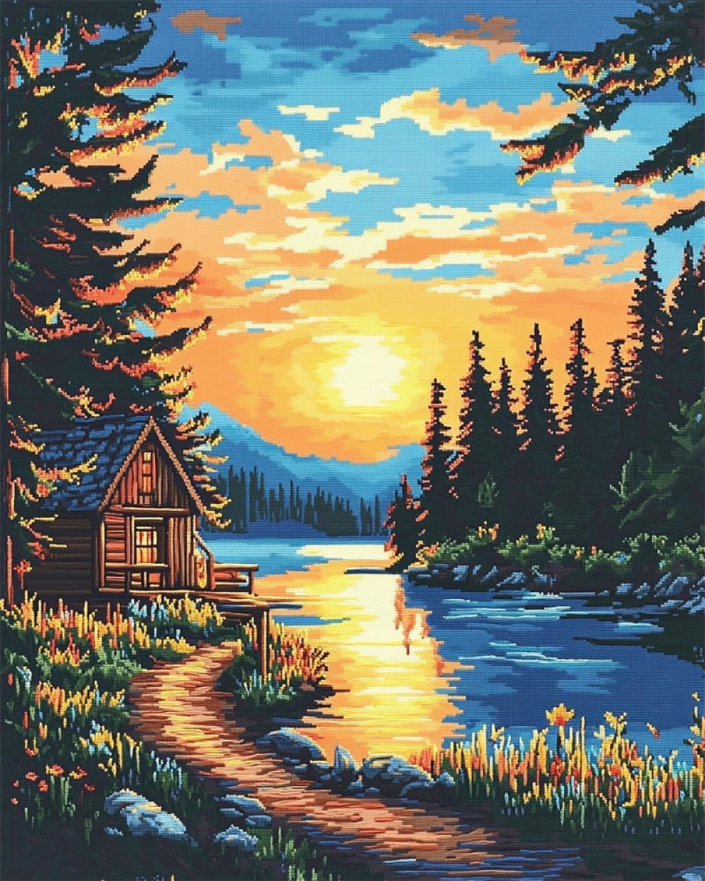 ラッチフックキット ラグ 森のキャビンラッチフックキット 夕日の風景ラッチフックラグキット 刺繍キット、初心者向けラッチフックラグ、