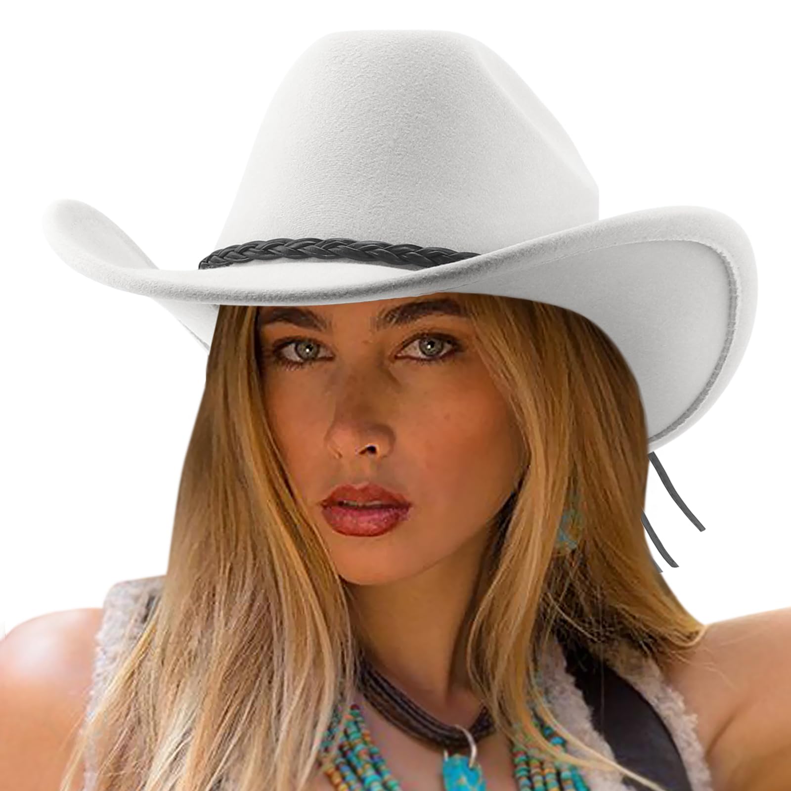 Dreshow Women's 1 Pc Fedora Hat: 73-P-White Cowboy Hat For Men Classic Western Wide Brim Roll Up Fedora Cowgirl Outback Hat With Strap