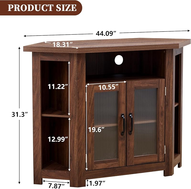 weselon Corner TV Stand for TVs up to 48 Inch, Media Entertainment Center with Storage Shelves and 2 Doors, Console Table Buffet Cabinet for Living Room Bedroom (Walnut) image 2
