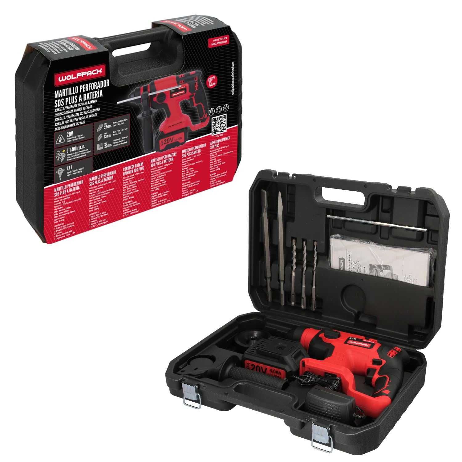 WOLFPACK LINEA PROFESIONAL Młot SDS PLUS do akumulatora 20 Volt. Z akumulatorem 4,0 Ah. 1400 obr./min. 3 funkcje dłutowania, wiercenia i wiercenia młotkiem