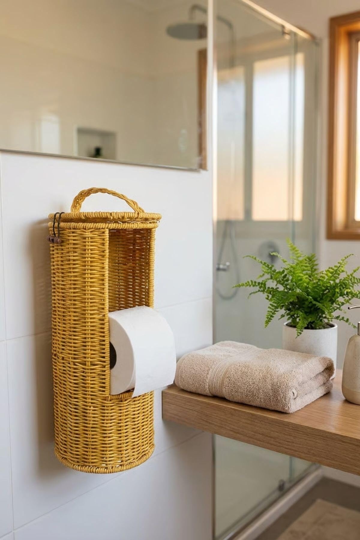 BUFFER Hasır Görünümlü Plastik Rattan Tuvalet Kağıdı Standı, Askılı Kapaklı WC Kağıtlık, Yedekli Banyo Organizer, 37x17 cm