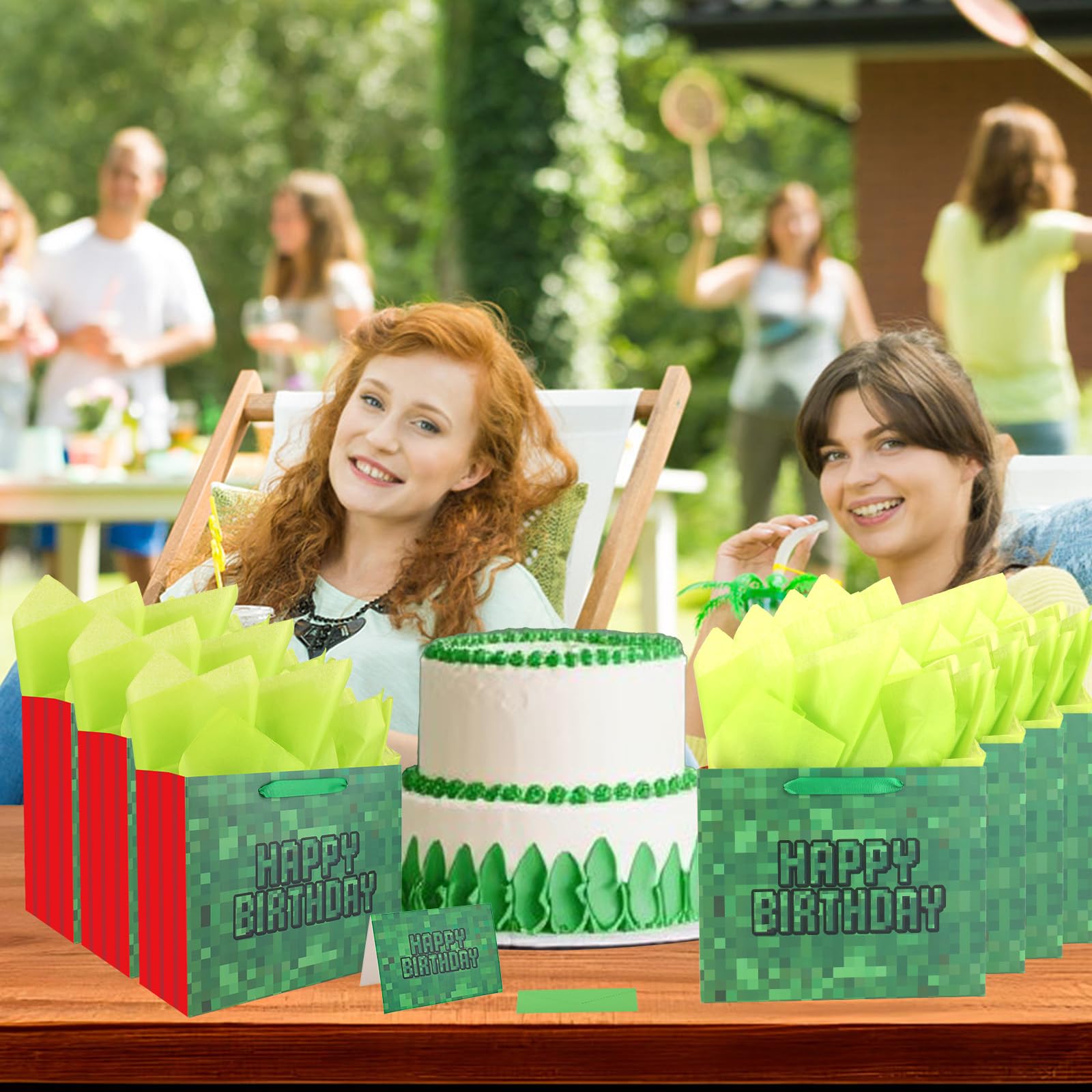 Happy Birthday Goodie Bags, Pixel Theme Gift Bags with Tissue Paper Greeting Card Envelope Party Supplies for Birthday