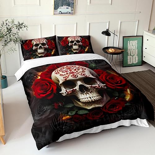 Miniatura 43 de AILONEN Juego de funda de edredón de calavera de azúcar, tamaño Queen, juego de funda de edredón de calavera de rosa roja, juego de ropa de cama