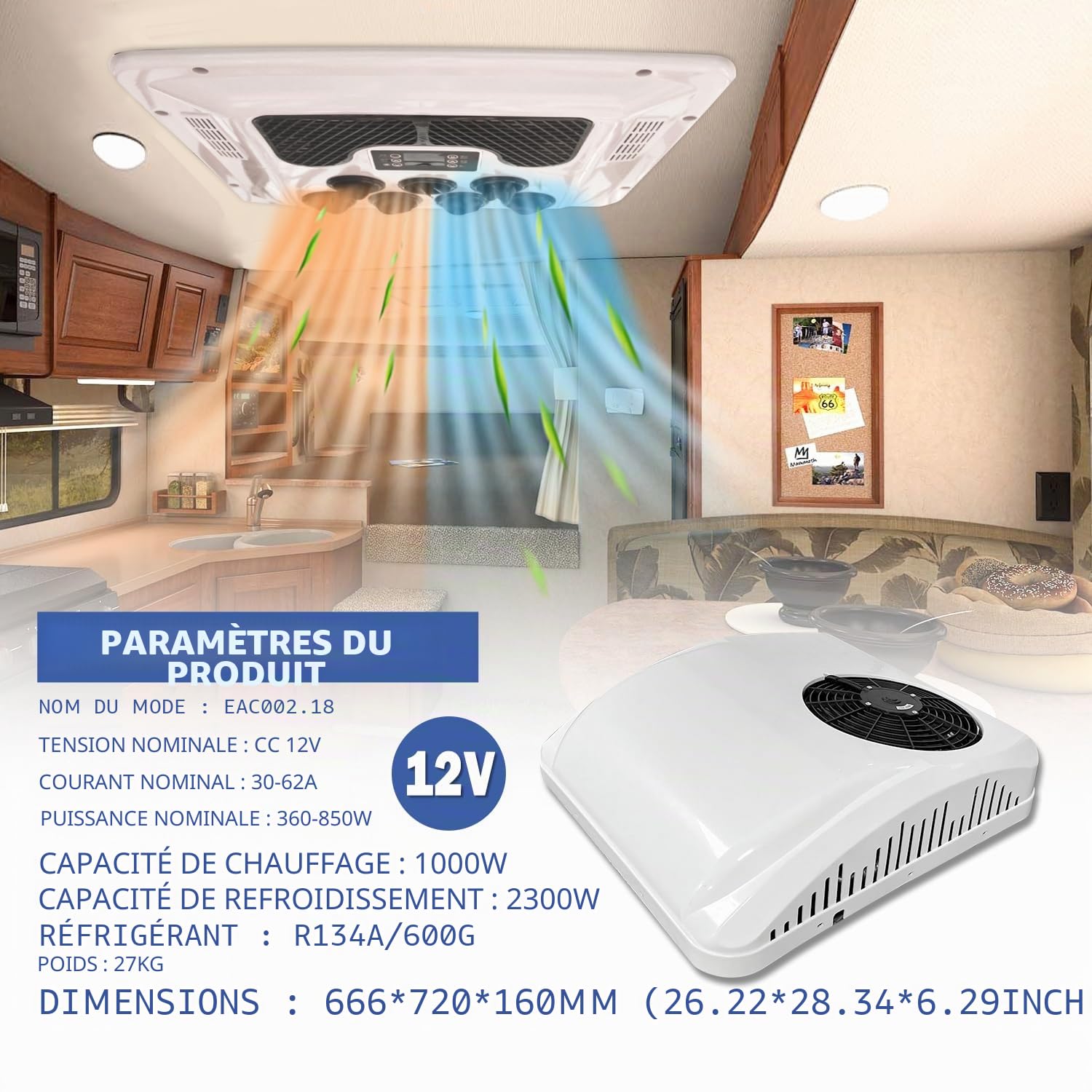 Climatiseur 12 V sur le toit avec chaleur 9 000 BTU 12 V AC unité de stationnement électrique convient pour caravane, camion, camping-car, caravane, camionnette, installation facile