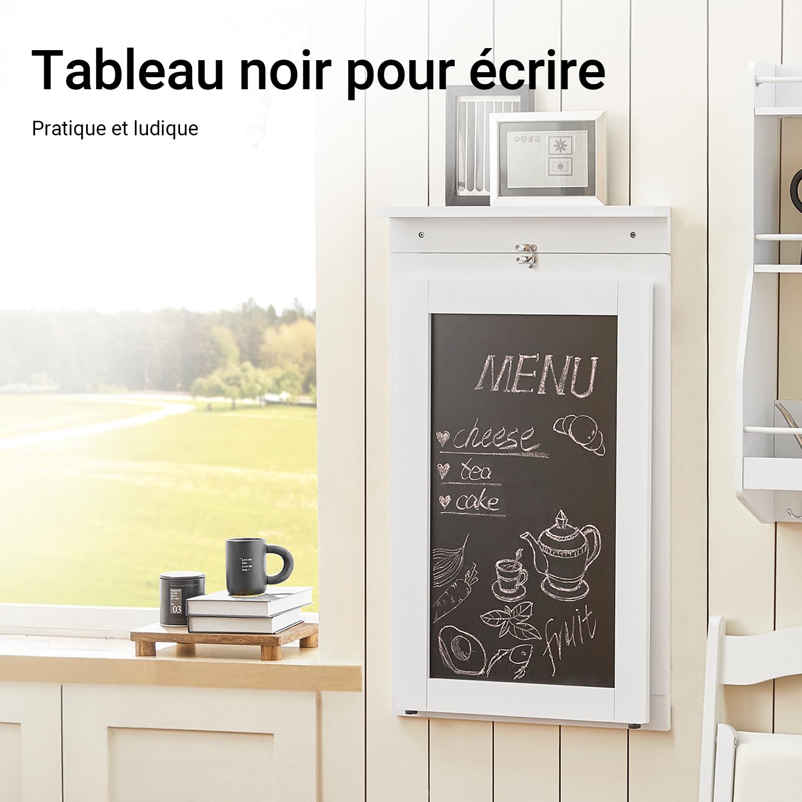 SoBuy Table Murale Rabattable avec Tableau Mémo, pliée 8 cm, 50×75×76cm | Table à Manger Pliable, charge 30 kg, repas & travail, entretien facile, MDF, pour cuisine & bureau & petits espaces, FWT20-W