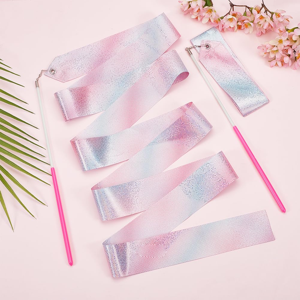 CREATCABIN Rubans Danse Polycoton Gymnastique Étincelants Banderoles Gymnastique Rythmique Roses avec Baguette 1.95m