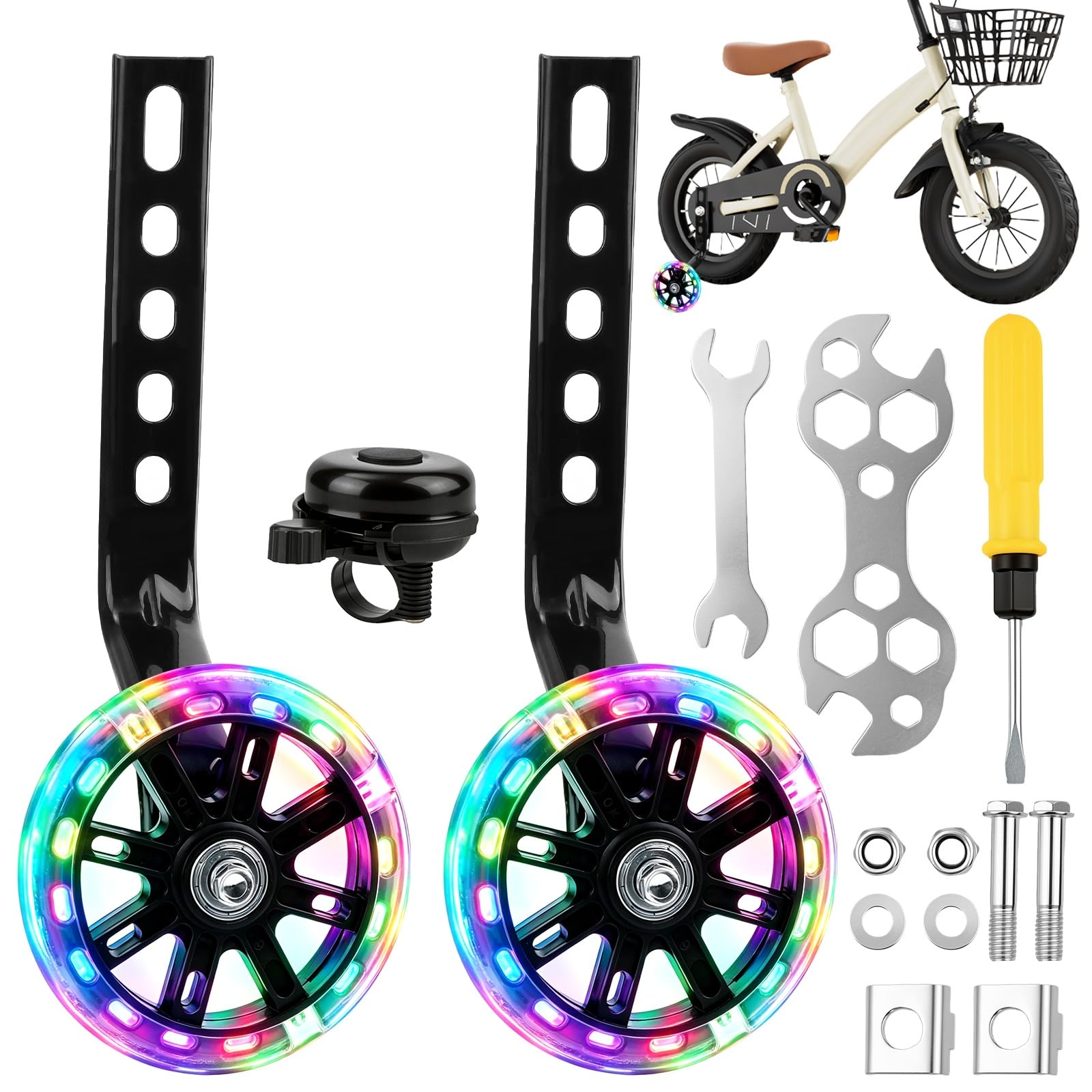 Bicycle Stabilisers for Children, 1 Pair of Stabilisers with LED Flashing Lights, Universal Auxiliary Wheels for 12-20 Inch Children's Bike, Stable Safety Training Wheels, Easy Assembly