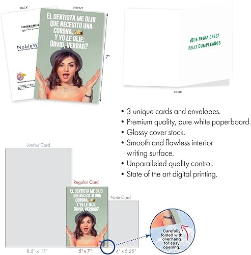 Miniatura 2 de NobleWorks Paquete surtido de 3 divertidas tarjetas de felicitación de cumpleaños españolas con sobres para mujer (3 diseños, 1 cada uno) Spanish