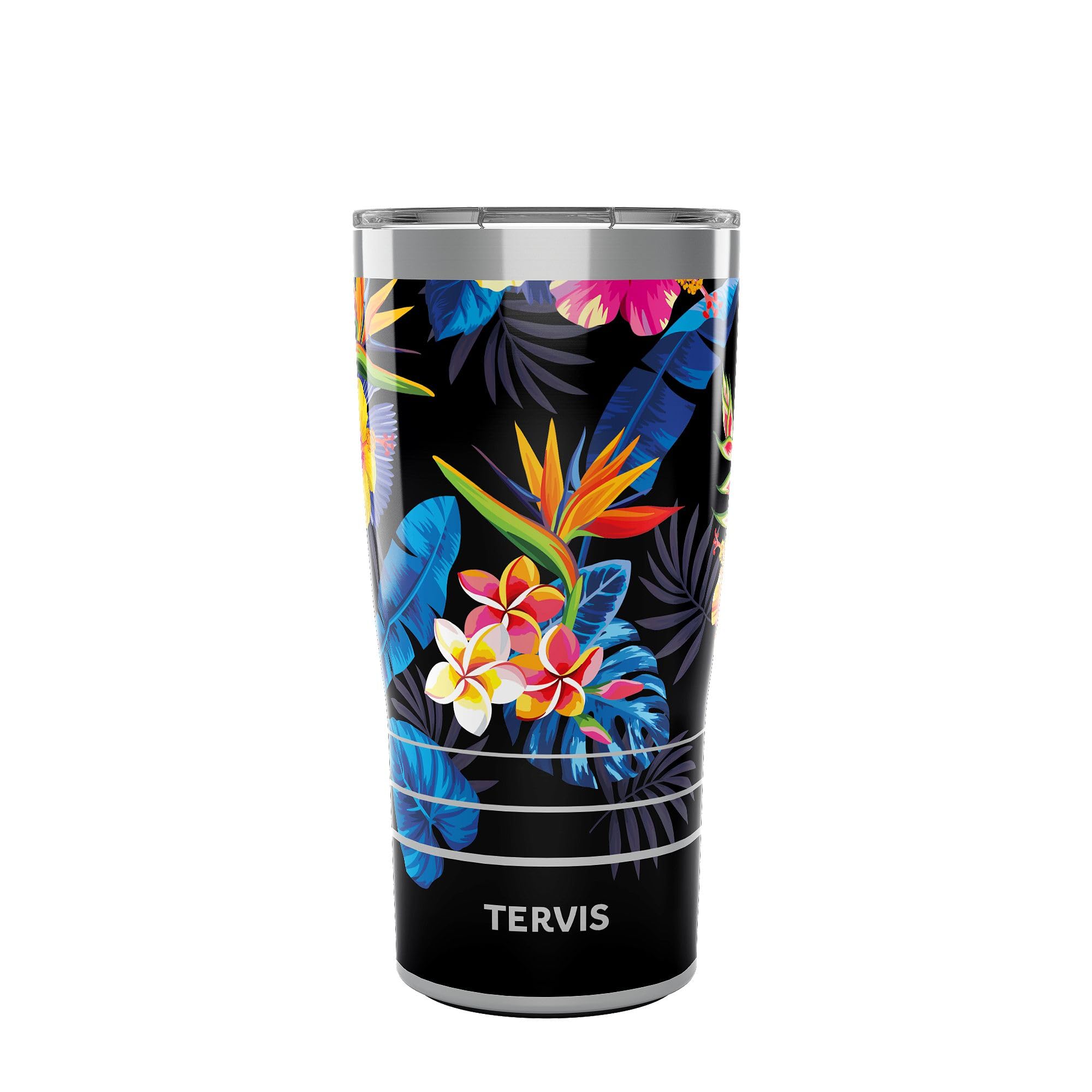 Tervis Traveler Tropical Collection kwiatowy kwiat jasny pogrubiony czarny hibiskus palma ptak raj potrójne ścianki izolowany kubek podróżny utrzymuje napoje zimne i gorące, 590 ml, stal nierdzewna