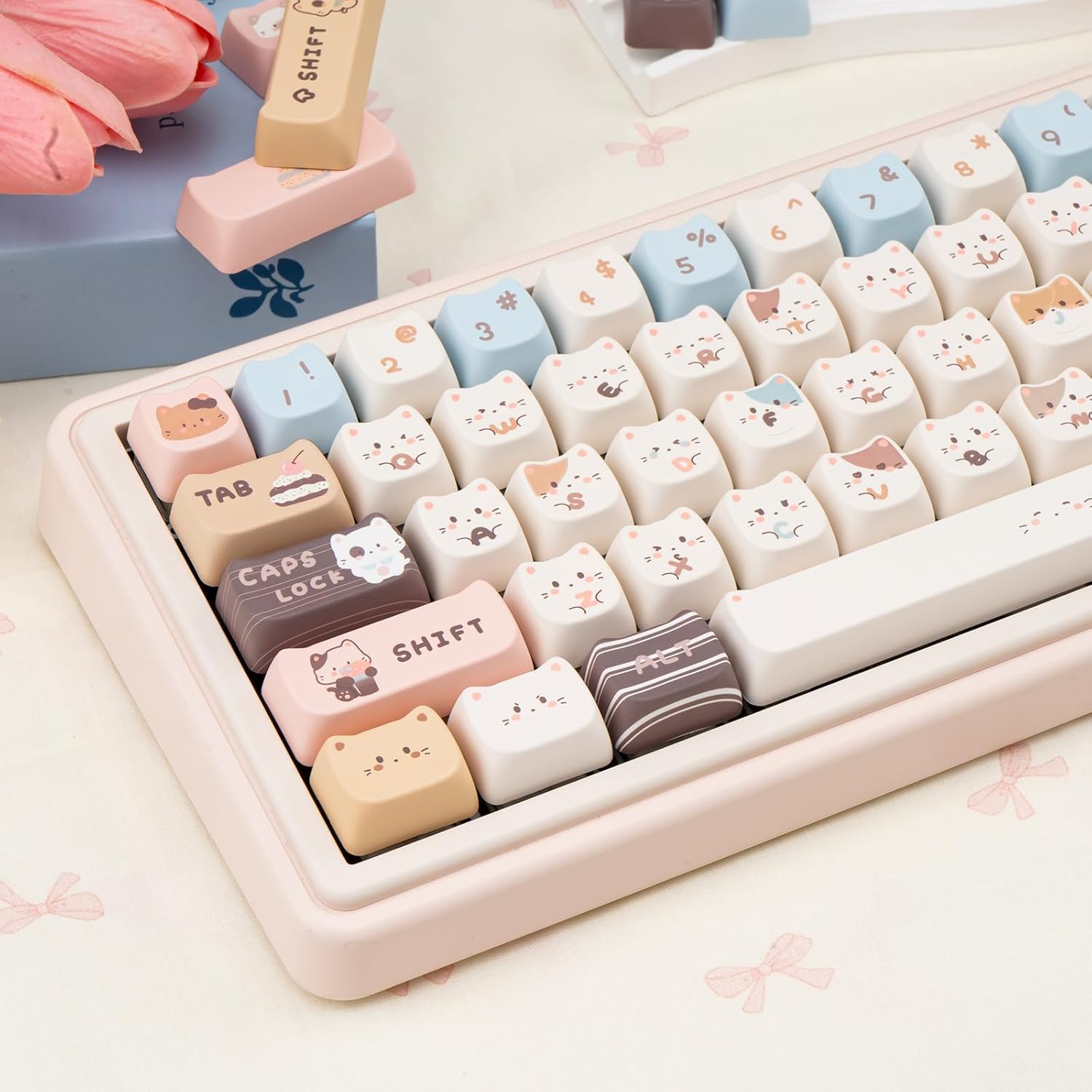 140 Keys PBT Keycaps Set, Mao Profile Keycaps, Dye-sub Cute Cat Keycaps for Mechanical Gaming Keyboard, Compatible with Cherry Gateron Kailh MX Structure (Custom Cat-Shaped)