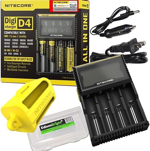 EdisonBright Nitecore D4 Digital Smart Cargador de batería para Li-ion Ni-MH Ni-CD con adaptador de coche de 12 V CC, NBM40 18650 batería cargador