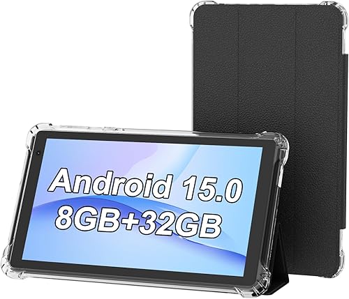 PEICHENG Tableta con Estuche Protector, 7" IPS 1024 * 600 Android 15.0 Tab PC RAM 8GB (3+5 Expand) + ROM 32GB Bluetooth 5.0 WiFi 6 2.4G+5G 2MP+5MP
