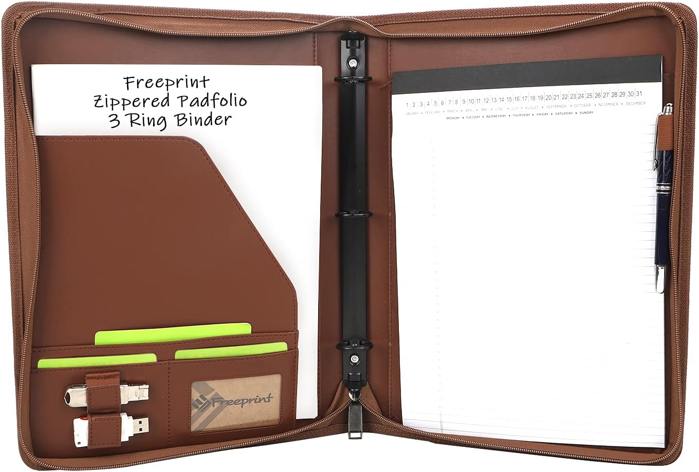 Zippered Portfolio 3 Ring Binder Organizer with Writing Pad Legal Size Letter - PU Leather Padfolio Document Organizer for Interview Business,Brown