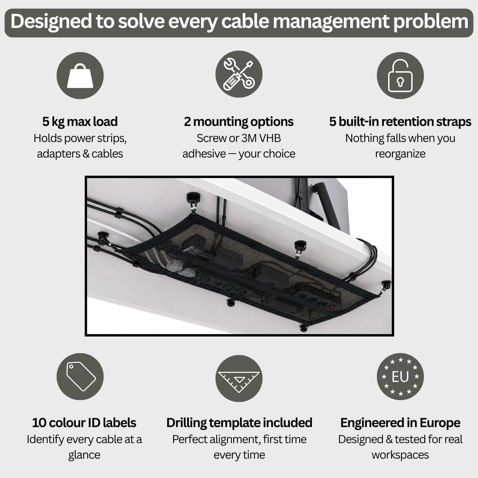 Filet Rangement Cables sous Bureau 66 x 30 cm - Passe Cable Bureau, Cache Cable, 5 Straps Anti-Chute, Fixation Vis ou 3M VHB sans Percage