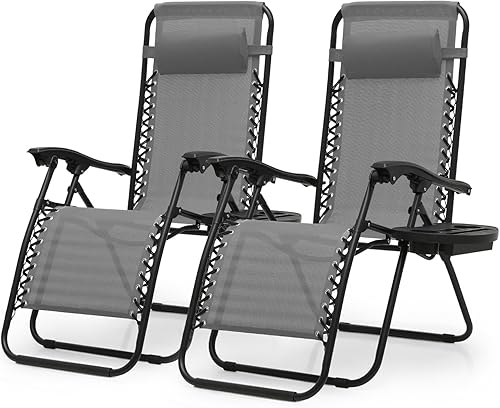 Miniatura 19 de Sillas de gravedad cero, sillas reclinables plegables portátiles con almohada ajustable y bandejas portavasos, para exteriores, patio, playa, Beige