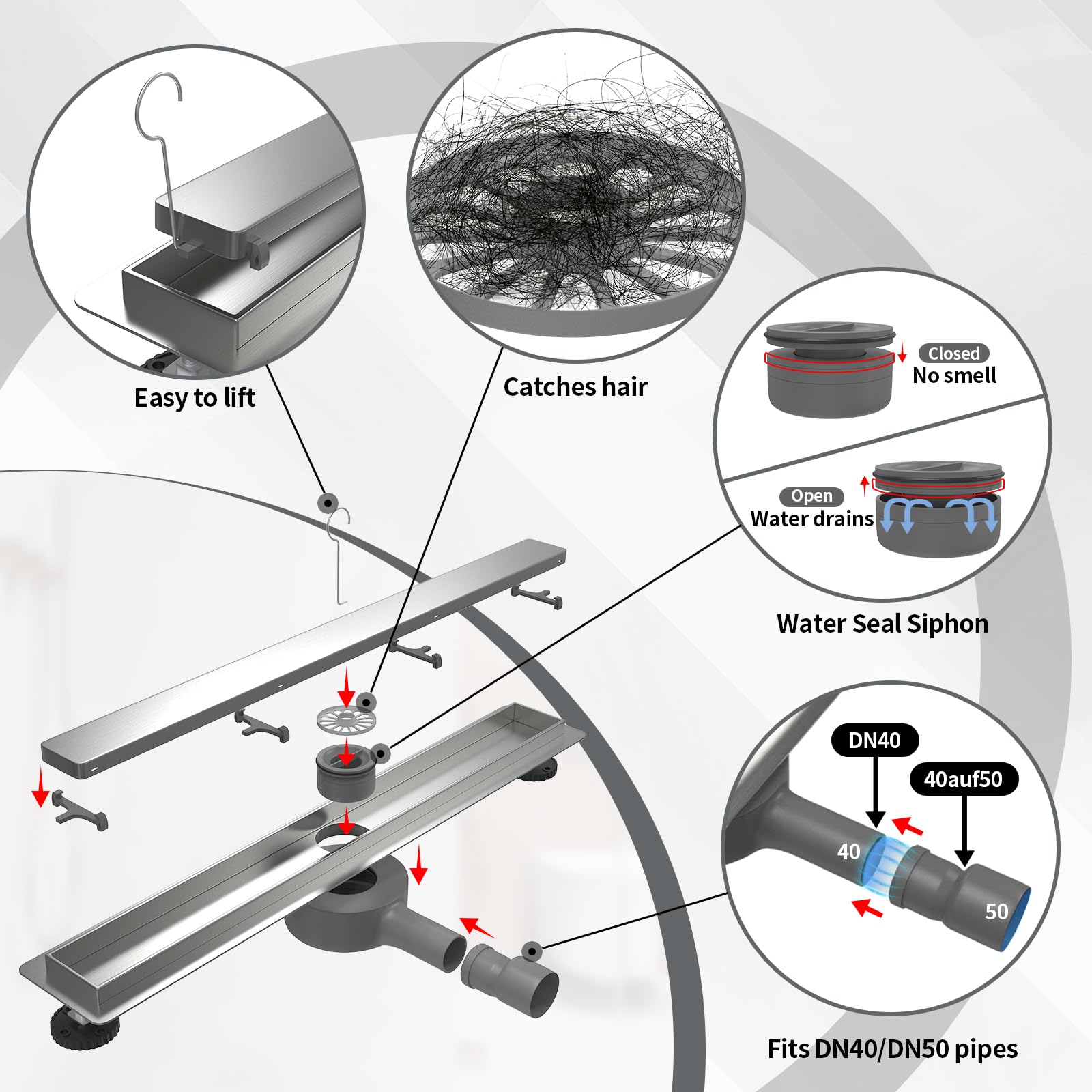EFUTURETIME 70cm Canaletta Scarico Doccia a Pavimento in Acciaio Inox, Piletta Doccia Piatto Piastrellabile 2 in 1 Sifone a 360° con Filtro Antiodore e Anti-Capelli per Doccia Walk-in