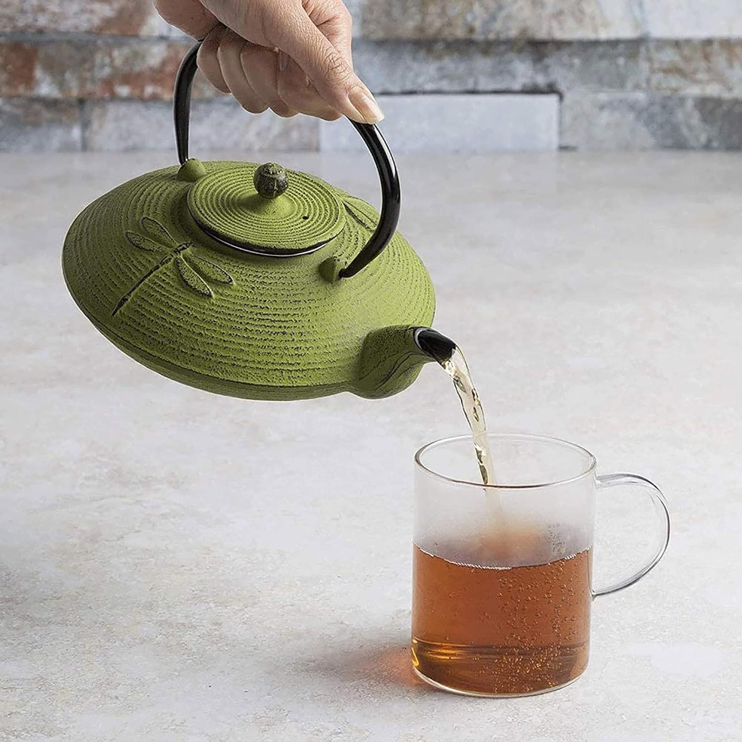 Tetera Cerámica Libélula Verde Tetera de Hierro Fundido Infusor de Acero Inoxidable para Té de Hojas Sueltas, Construcción Duradera, Interior Esmaltado, 800 ml,Verde