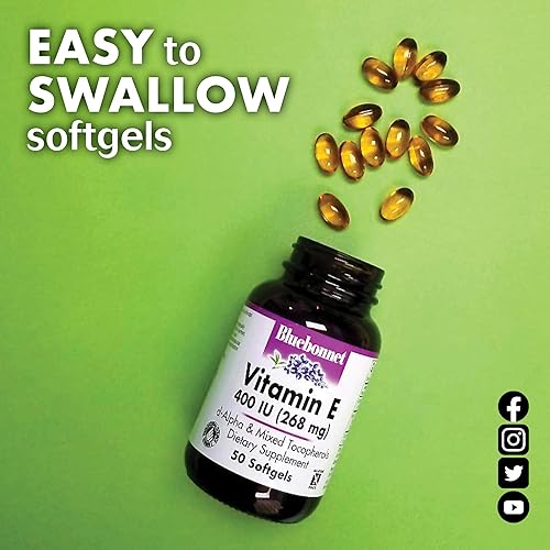 Miniatura 10 de Bluebonnet Nutrición Vitamina E 400 UI 268 mg Tocoferoles Mixtos Cápsulas Portección Radical Libre y Apoyo Cardiovascular Sin Gluten Lácteos