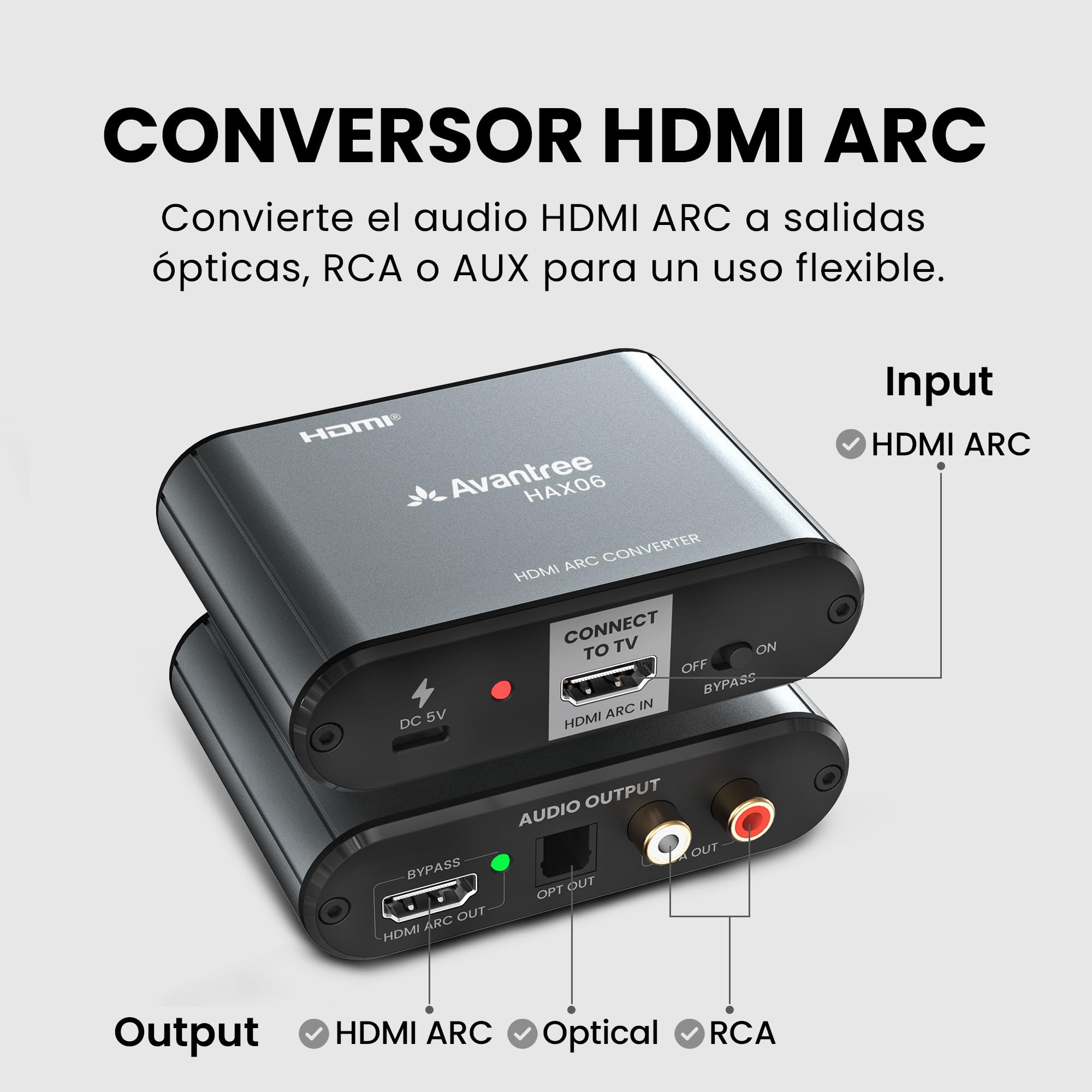 Avantree HAX06 – Extractor de Audio HDMI ARC con passthrough para TV, Barra de Sonido y Auriculares en Uso simultáneo, Salidas óptica y RCA