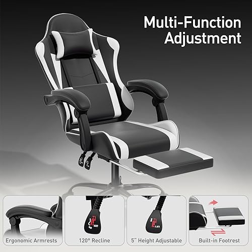 Miniatura 6 de MoNiBloom Silla de juegos con reposacabezas y soporte lumbar, silla ergonómica de carreras para computadora con reposapiés, silla giratoria de cuero
