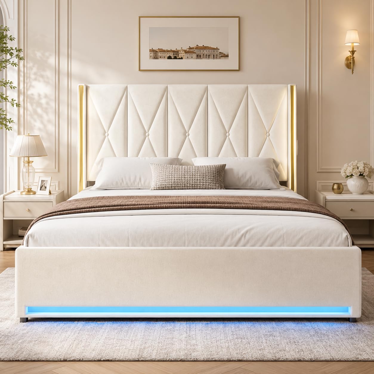 Zepneiy Lit 180x200 avec tête de lit Haute rembourrée et matelassée, Lit Double avec système hydraulique et Poches latérales, Ports USB et éclairage LED, Velours Beige(sans Matelas)