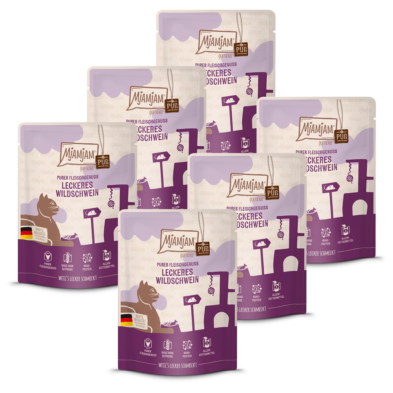 MjAMjAM - Premium wet food for cats - Quetschie Pure meat enjoyment - delicious pure wild boar, 6 pack (6x300g), grain-free