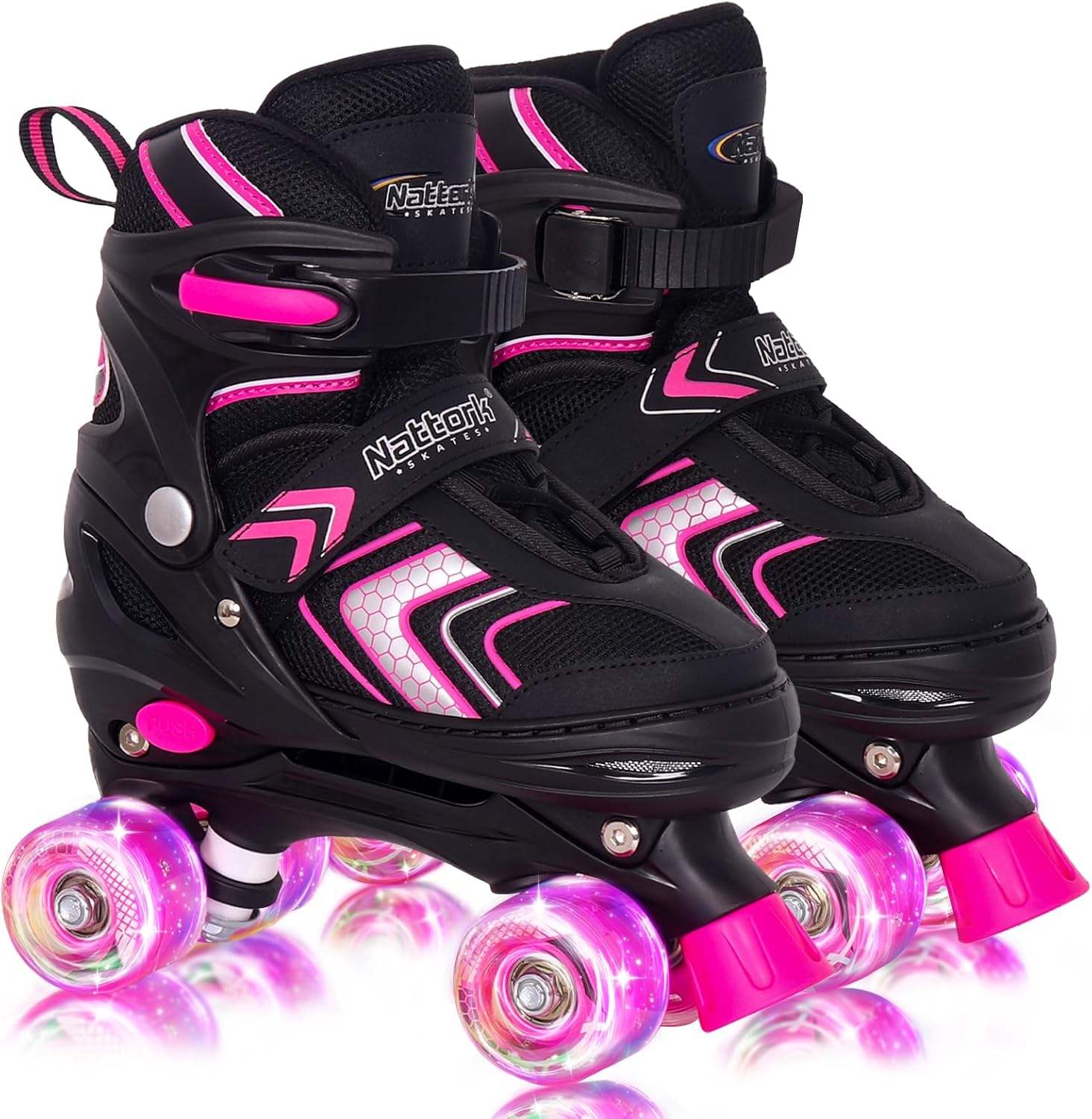 Adjustable Roller Skates for Girls Boys, 4 Size Rollerskates with All Light up Wheels for Kids
