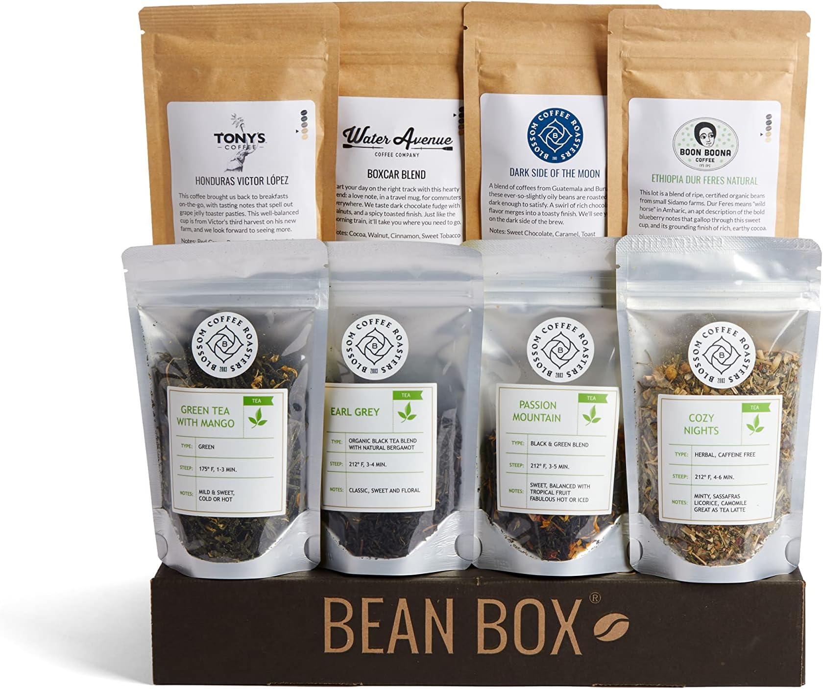 Bean Box Deluxe Coffee + Tea Tasting Box | Gourmet Coffee + Tea Gifts | Coffee Gifts for Women and Men | Winter Gifts for Her | Whole Bean Coffee | Tea Gift Set | 8 Piece Variety Gift Box