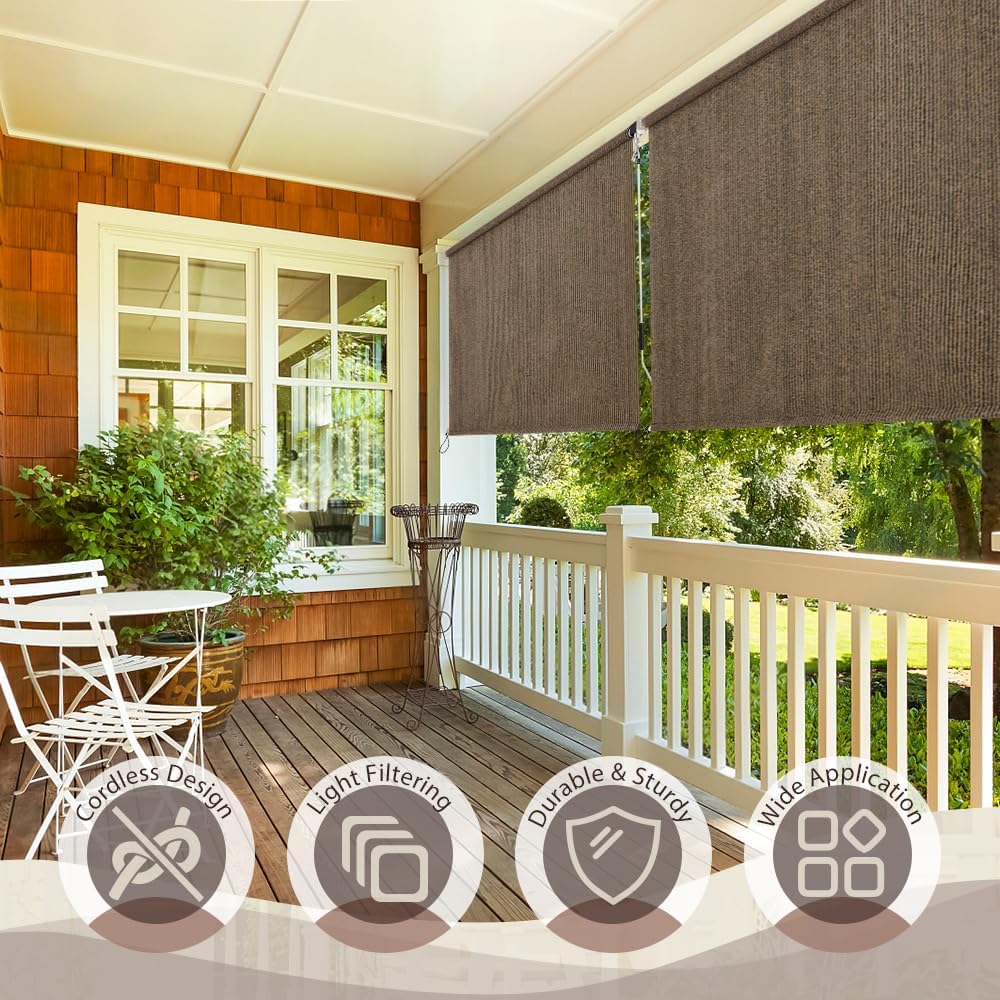 Photo 1 of SEEYE Outdoor Sunshade Roller Shades 6' W x 8' H, Cordless Roll Up Shade Blinds Privacy Screen with 90% UV Protection, Exterior Patio Shade Cloth for Porch Pergola Balcony Backyard Windows, Mocha