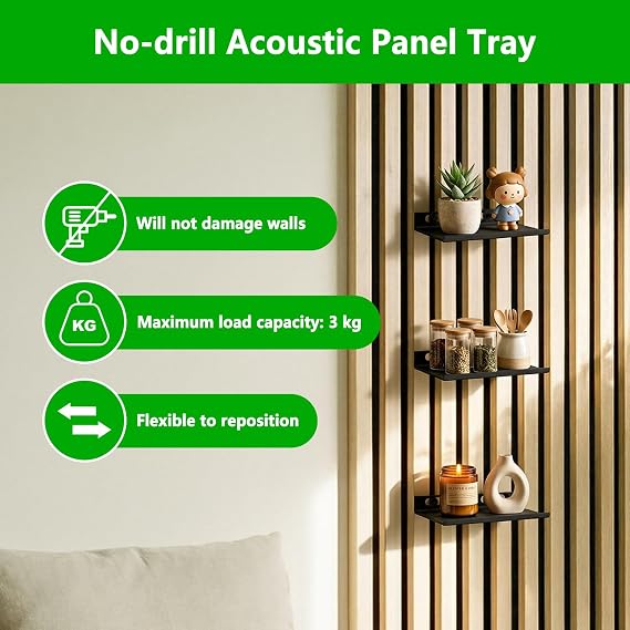 Hysagtek Acoustic Panel Shelves 2 Pack, No Drill Floating Wall Trays for 13-15mm Gap Slatted Wood Walls, Damage-Free Repositionable Display Shelves for Living Room Bedroom Office Decor, Black(15X9cm)