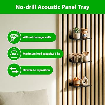 Hysagtek Acoustic Panel Shelves 2 Pack, No Drill Floating Wall Trays for 13-15mm Gap Slatted Wood Walls, Damage-Free Repositionable Display Shelves for Living Room Bedroom Office Decor, Black(15X9cm)