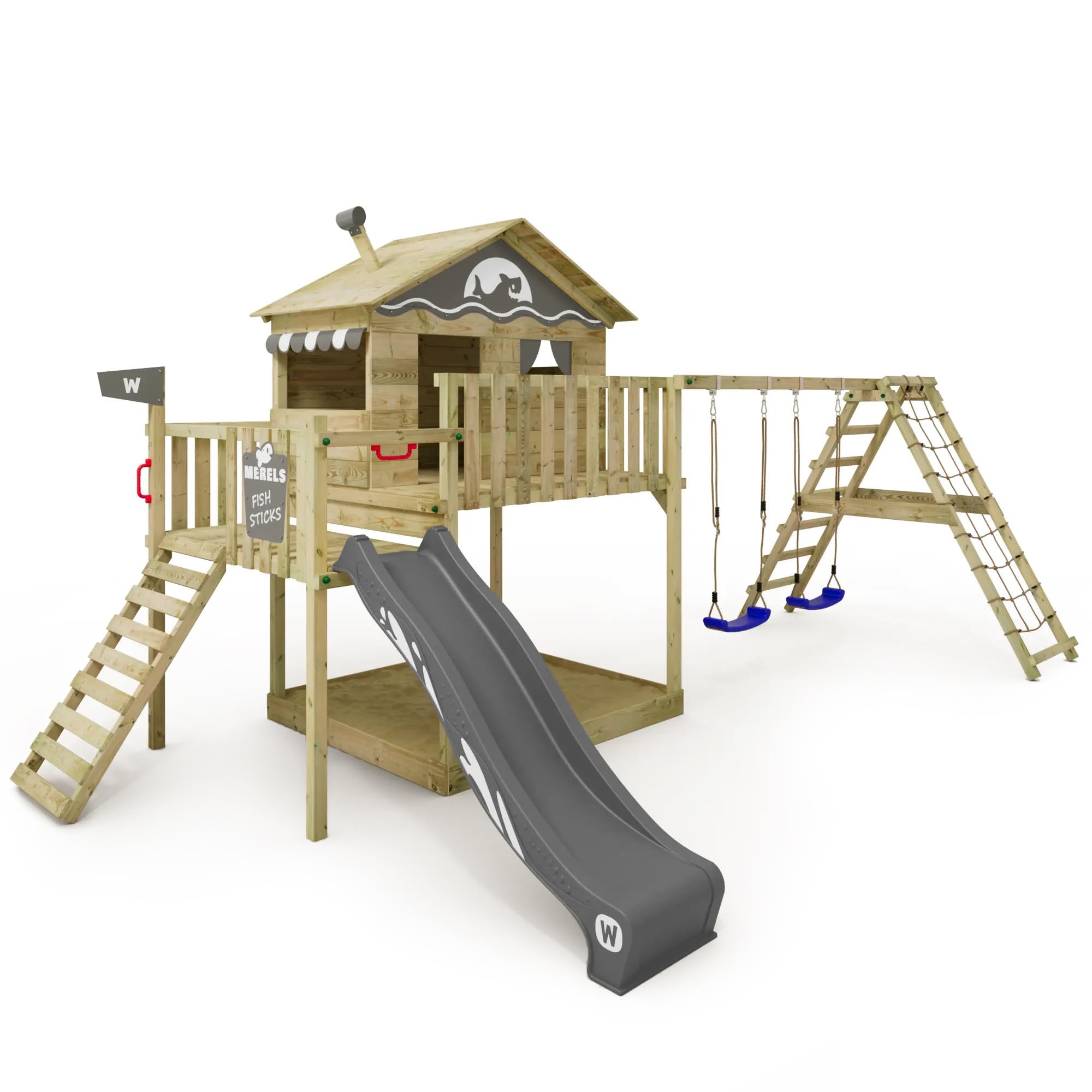 WICKEY Spielturm Klettergerüst Smart Ocean mit Schaukel & Rutsche, Outdoor Kinder Kletterturm mit Sandkasten, Leiter & Spiel-Zubehör für den Garten, Holz, Anthrazit