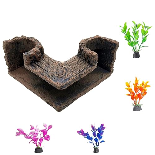 Fish Tank Tree Hole Hideout with 4 Artificial Aquarium Plants