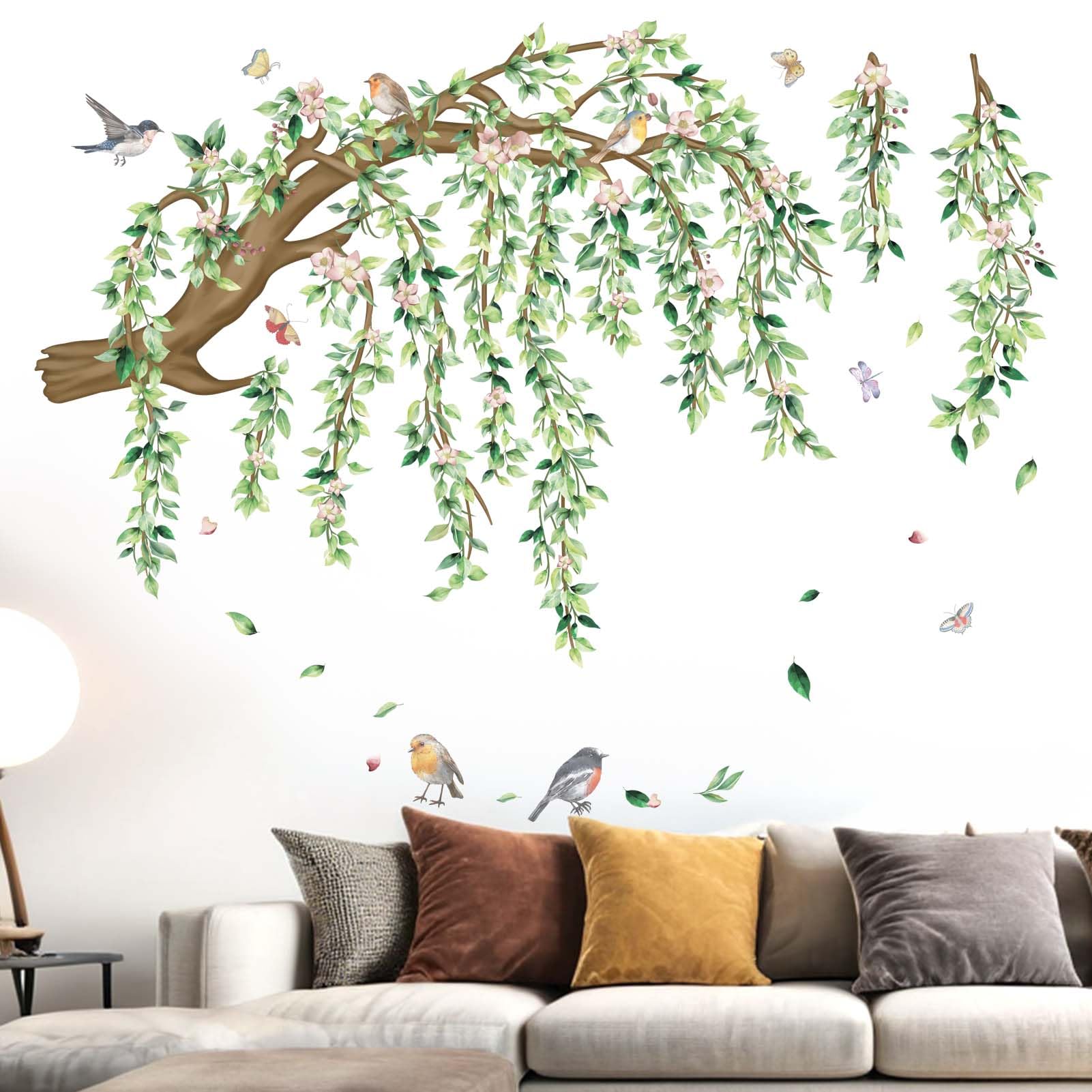 Large Hanging Vine Wall Stickers: Peel and Stick Green Leaf Tree Branch Pink Flower Birds Leaves Wall Decals