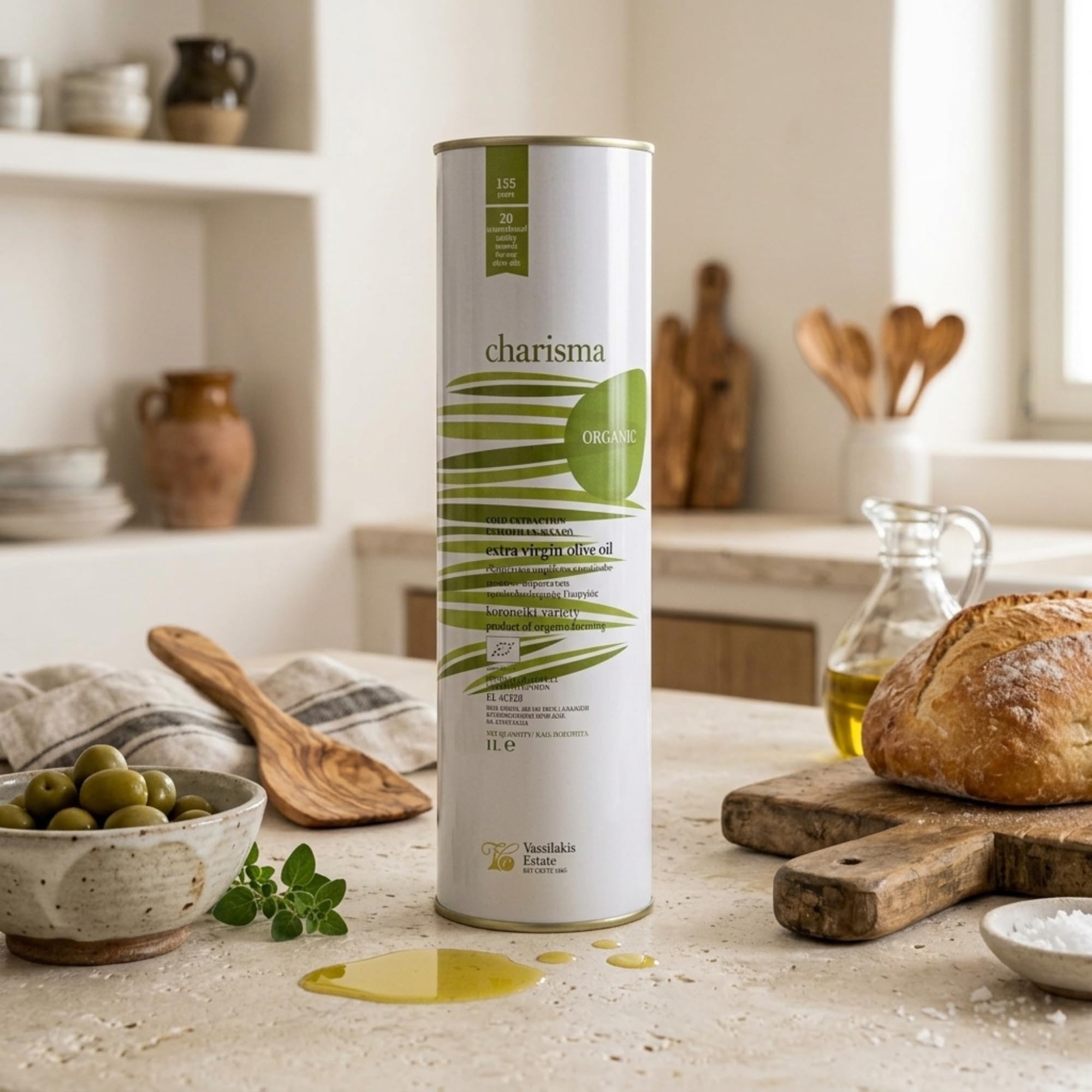 Charisma - Huile d'Olive Vierge Extra Bio de Crète (Koroneiki) - 1L Boîte Métal - Extraction à Froid