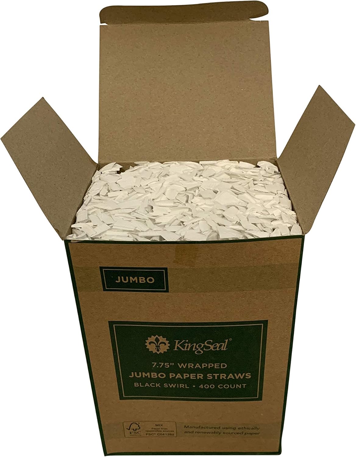 400 Count | Kingseal FSC Certified Disposable Paper Drinking Straws, Paper Wrapped, 7.75" Length x 6mm Diameter, Black Swirl Stripe, Biodegradable, Earth Friendly, Bulk Pack - 400 Straws per Box - Image 3