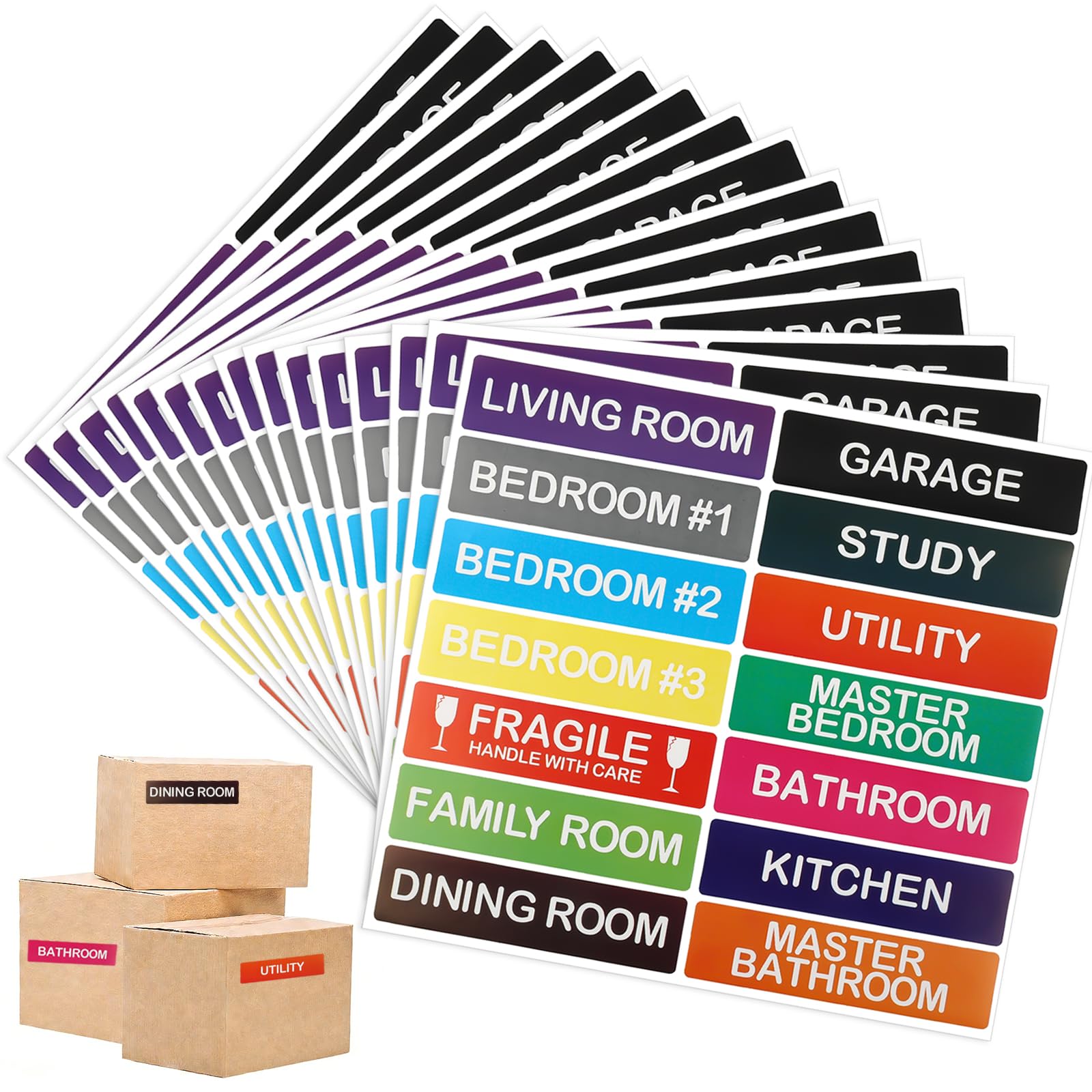 210 Pcs Moving House Labels, Coloured Packing Labels, Packing Tags Fragile Stickers for Storage Boxes, Moving House Essentials, 15 Sheets