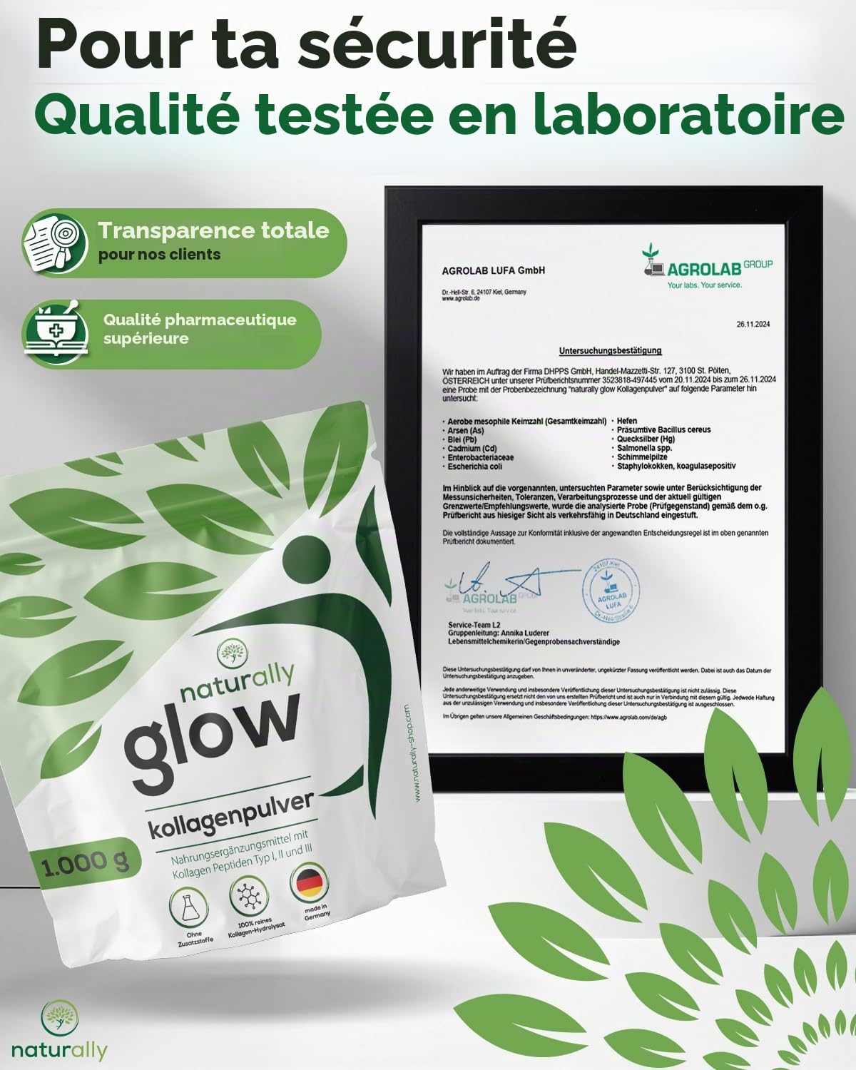 naturally Glow Collagène en poudre 1 kg - Peptides de collagène de bovin hydrolysé | Sans goût et soluble, peptides de collagène de type I, II, III, ~66 portions, poudre de collagène de qualité supérieure