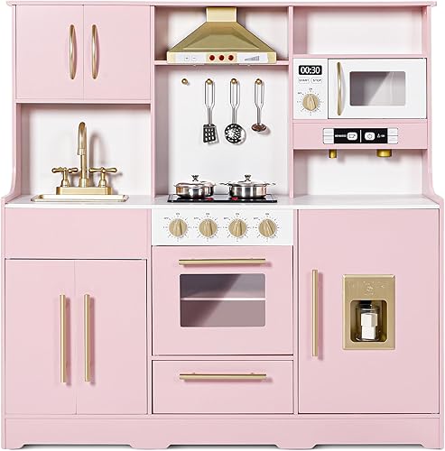 Kinder King Cocina de madera para niños, juego de cocina de juguete para niños pequeños, juego de cocina con sonidos reales, máquina de café de