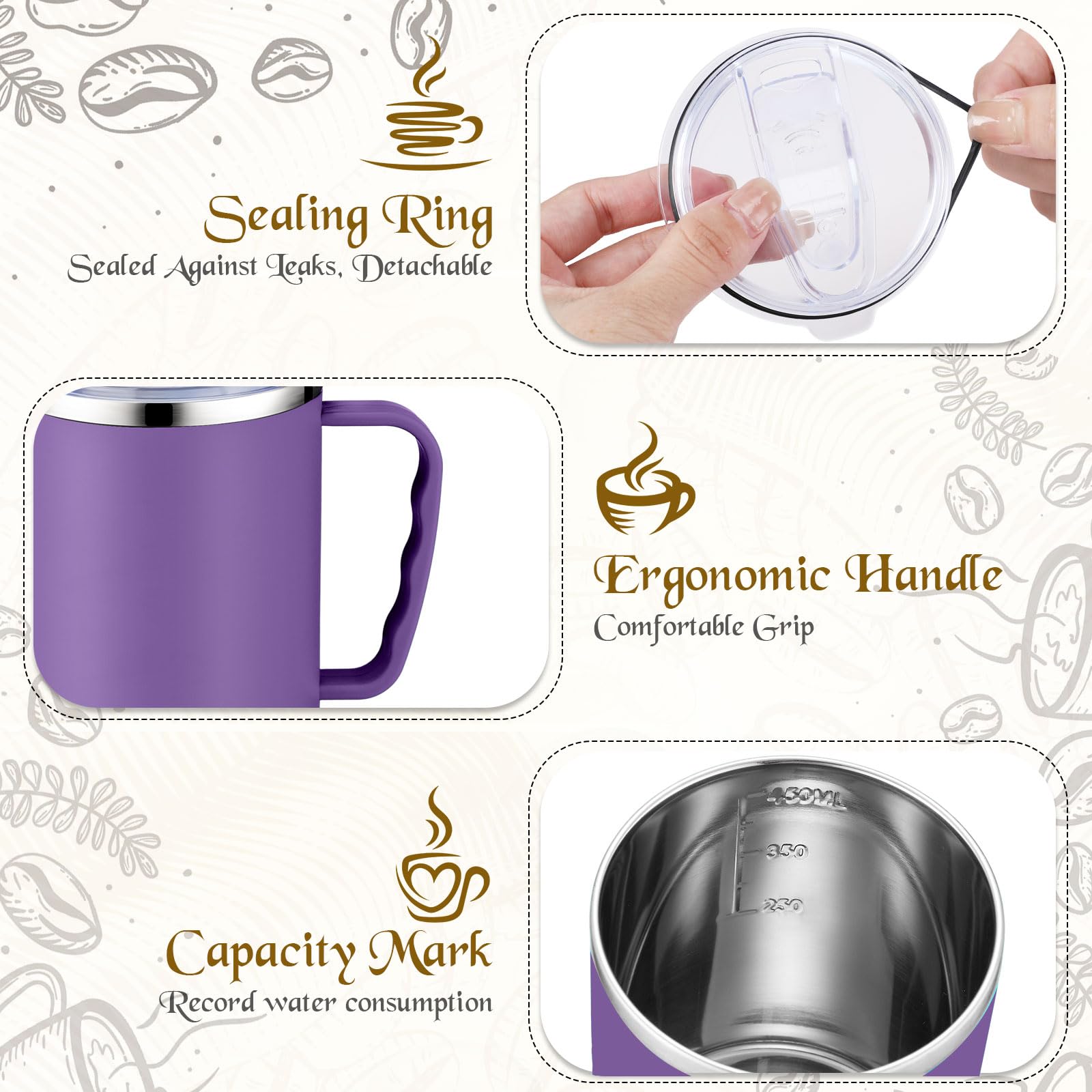 Roshtia 10 tazas de café de viaje reutilizables al vacío con tapa y asa, taza de café aislada de 17 onzas, taza aislada de doble pared de acero inoxidable para hombres, mujeres, hogar, oficina,