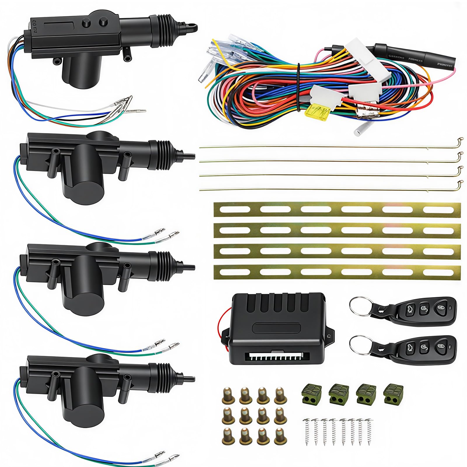 Zentralverriegelung Universal 12V, Auto Fernbedienung Zentrale Kit 4-türiges Zentralverriegelung Set mit 2 Fernbedienungen, schlüsselloses Zugangssystem, Türantrieben und Kofferraumöffnungsfunktion