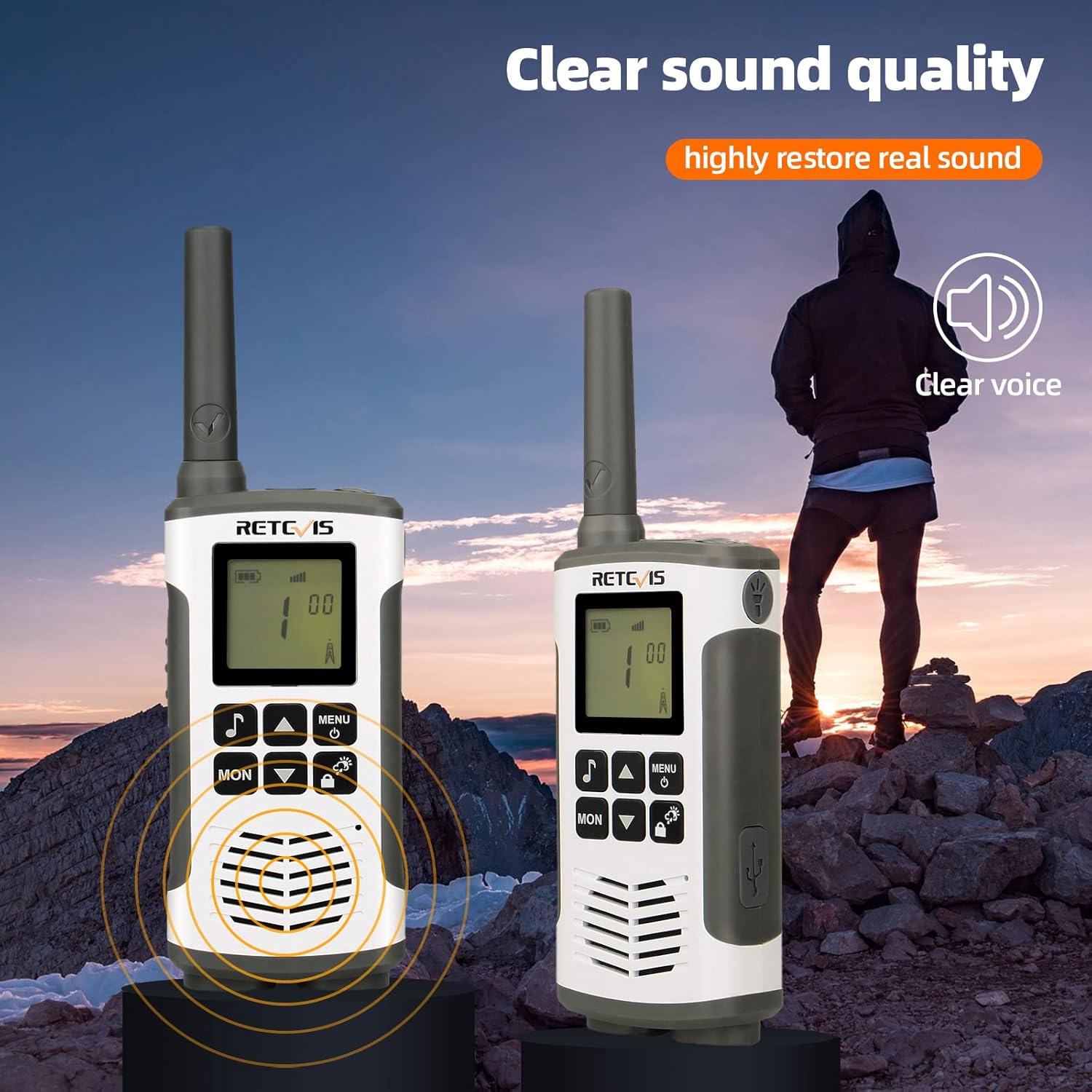 Retevis RT45 Walkie Talkies for Adults, Long Range Walkie Talkie, Rechargeable FRS Radios with Battery,NOAA Flashlight SOS, for Camping Hiking(2 Pack)