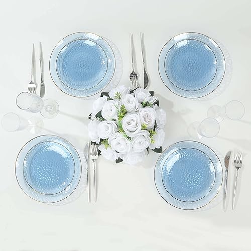 Miniatura 11 de Efavormart - Paquete de 10 platos redondos de plástico martillado transparente de 9 pulgadas para aperitivos de postres con borde dorado, plato