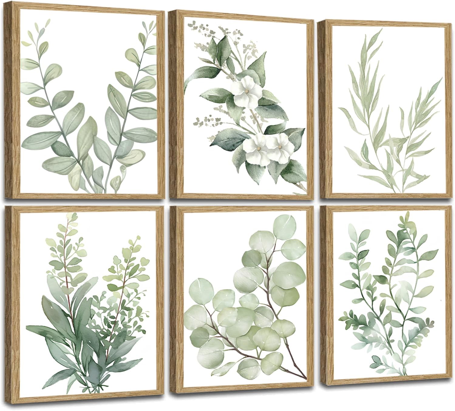 Induslyfe Framed Eucalyptus Sage Green Botanical Plant Wall Art Canvas Decor Set of 6, Leaves Wall Art Prints Posters Art, Eucalyptus decor Flower wall art for bathroom bedroom living room decor 9x12