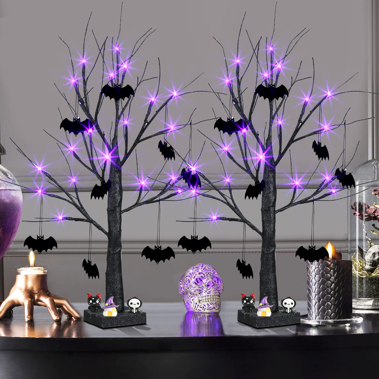 EAMBRITE Halloween Tree, Black Halloween Decorations Indoor, 2FT Spooky Tabletop Trees Battery Operated with 24LED Purple Lights 8 Bat Ornaments, Halloween Centerpieces for Tables, Home, Room(2 Pack)