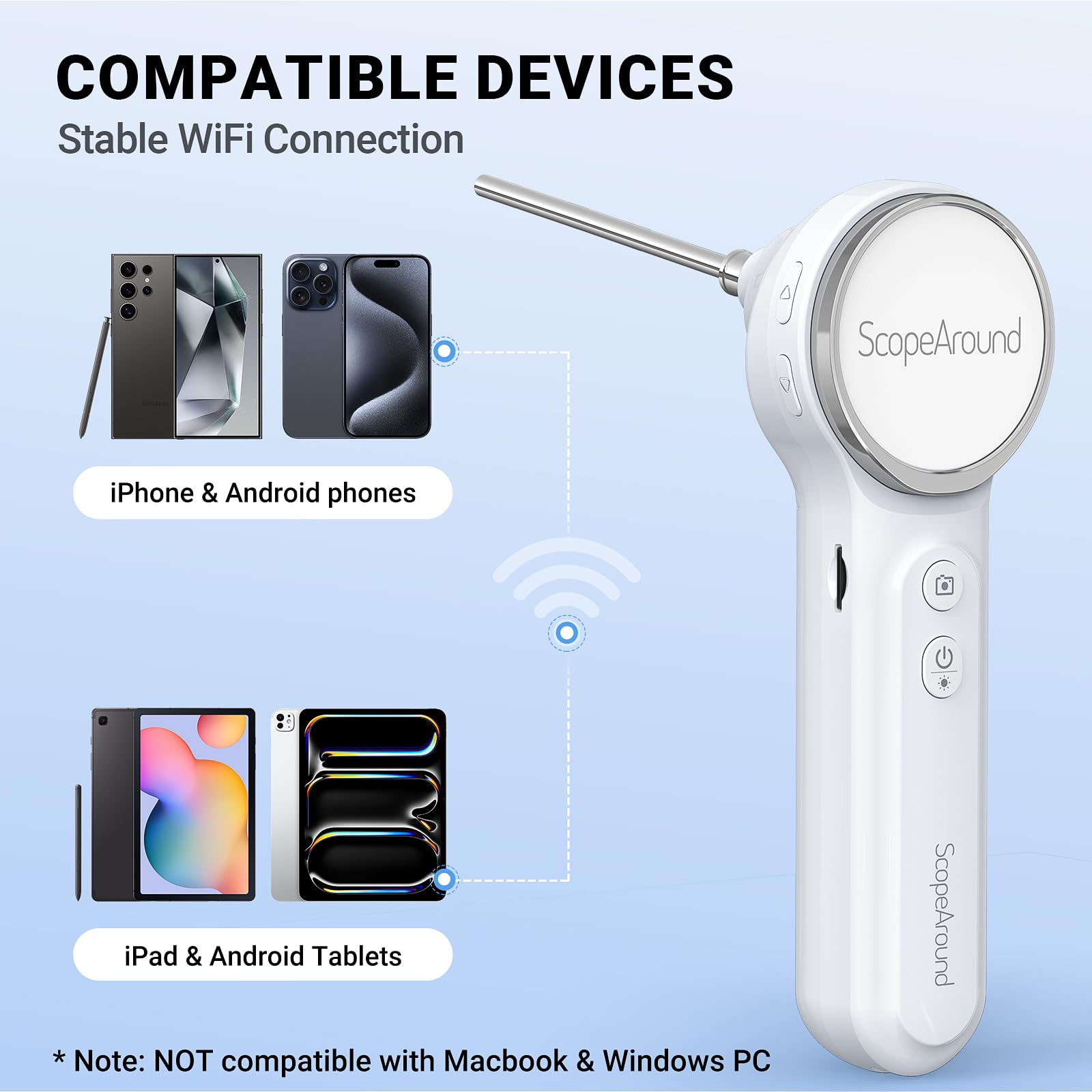 ScopeAround Otoscopio, juego de alcance auditivo 720PHD, otoscopio digital con pantalla IPS de 1.85 pulgadas, cámara de herramienta de eliminación de cera de oído, cámara de video otoscopio con 6